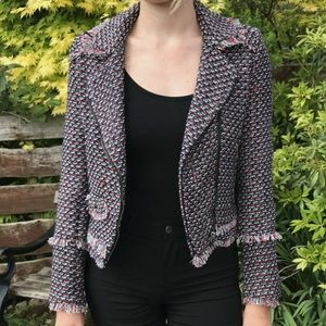 Zara Trafaluc Outerwear Tweed Full Zip Cropped Jacket Black Red Size XS